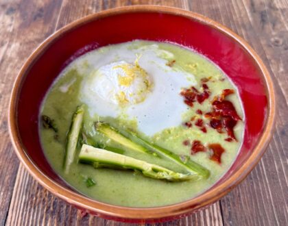 Creamy Asparagus Soup with Lemony Whipped Cream & Prosciutto