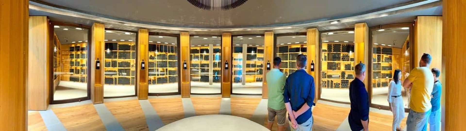 Visitors touring a wine cellar lined with wooden barrels and bottle displays